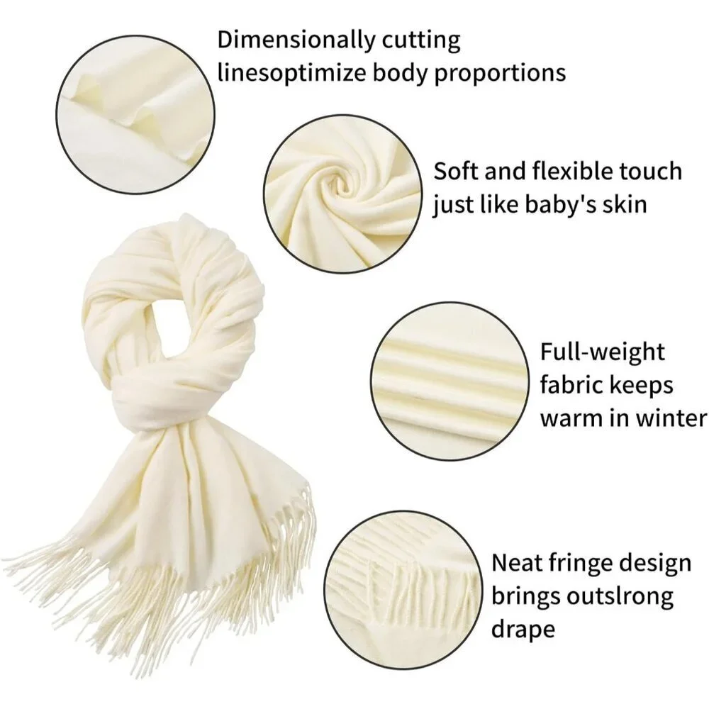 Women's Cream White Winter Classic Pashmina Shawls Cashmere Feel Scarves Wraps